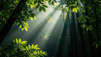 Sunbeams pierce misty forest canopy, illuminating vibrant green