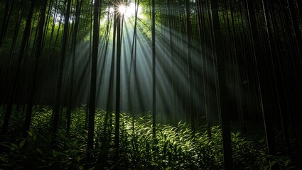 Sunbeams pierce through the dense bamboo forest, illuminating th