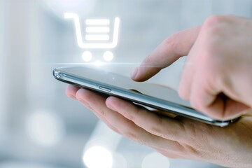 Ecommerce online, shopping cart icon on phone