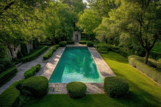 A rectangular swimming pool surrounded by manicured hedges and lush green trees in a tranquil garden setting - Powered by Adobe