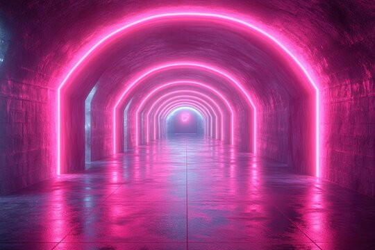 Neon-lit tunnel pulsating in various colors.