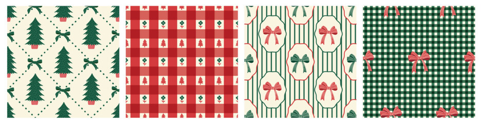 Vintage Christmas seamless pattern set with plaid, Stripes, bows, trees in red Green off white color. Perfect holiday digital paper for fabric, gift wrap, stationery, scrapbooking, and winter decor.