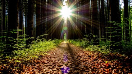 Sunburst Through Forest Canopy Illuminating Fern-Lined Path