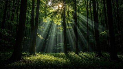 Sunburst Through Forest Canopy Illuminating Green Mossy Ground