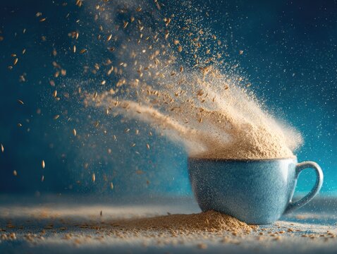 A blue cup overflows with a cascade of grainy matter, set against a gradient teal background