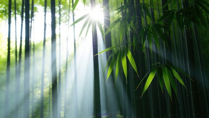 Sunlit Bamboo Forest Canopy with Mist and Green Leaves