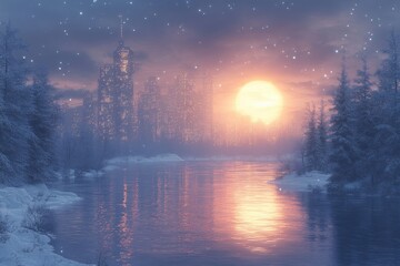 Snowflakes falling on a forest of birch trees on a winter night.
