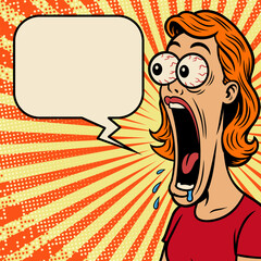 Surprised pop art girl with blank speech bubbles 