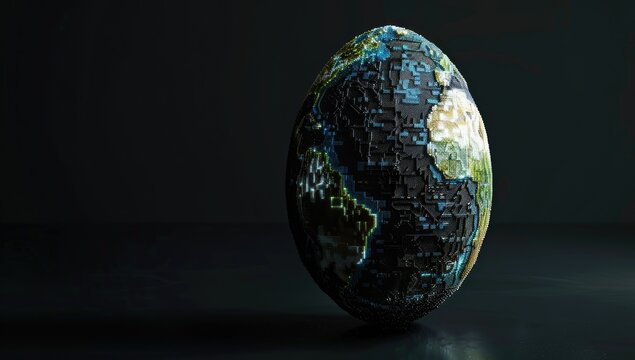 A digitally rendered image shows an egg-shaped globe, dark teal and black, with faint landmasses. It rests on a dark surface, reflecting subtly