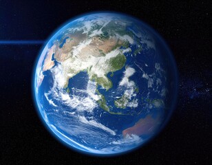 Obraz premium Earth from space, centered, showing Asia and surrounding regions. Detailed clouds, oceans, and landmasses