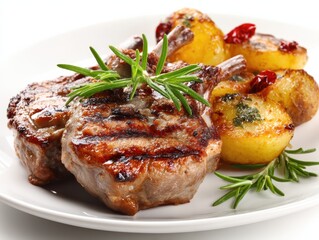 Grilled lamb chops garnished with rosemary, served with roasted potatoes and sun-dried tomatoes on a white plate