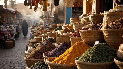 Baskets filled with colorful spices displayed at a market in a middle eastern or north african country