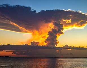 Dramatic sunset over water, fiery cumulonimbus clouds