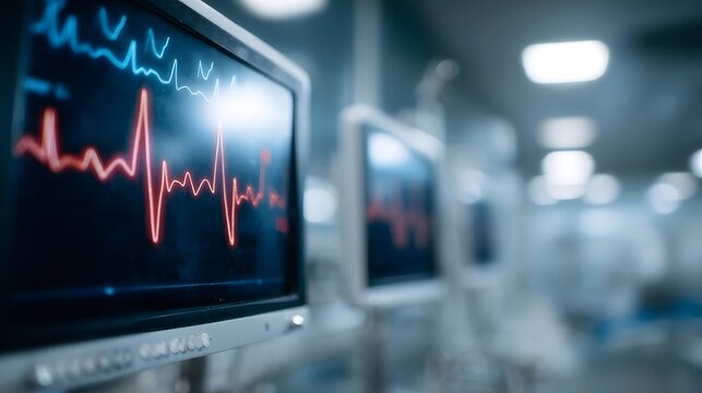 Medical monitors display vital signs including heart rate waveforms in a modern clinical setting