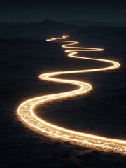 Obraz premium A luminous, winding golden path cuts through a dark, desolate landscape with distant hills under a somber sky, creating a striking contrast.