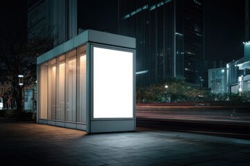 A brightly lit blank billboard stands on a city street at night, surrounded by modern buildings and blurred lights from passing vehicles