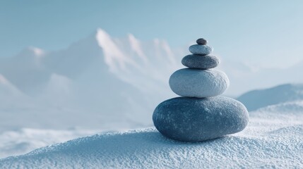 A stack of smooth stones balances on snowy ground with soft mountains in the background, evoking calm and serenity
