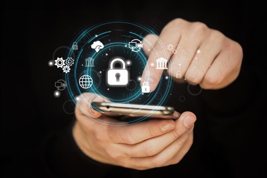 Cyber security and data protection icons on phone