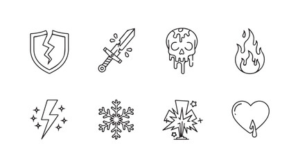 Collection of fantasy game icons depicting shield sword skull fire lightning snowflake tree heart combat vector