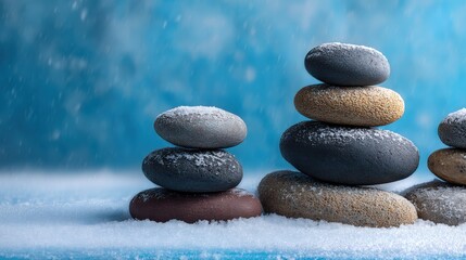 Smooth stones stacked in the snow with a blue background, evoking calm and balance in a winter setting
