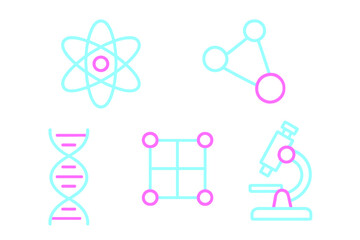 Obraz premium Bright neon outline science and research symbols featuring atom DNA microscope and molecular structures