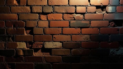 Textured brick wall with warm lighting highlighting the rough su