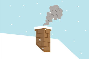 chimney with smoke covered with snow against blue sky; air pollution, winter heatring, carbon dioxide concept- vector illustration