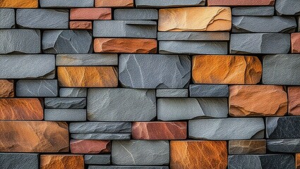 Textured stone wall with gray, orange, and red blocks in a stagg