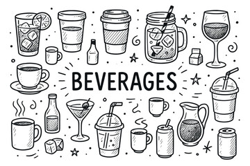 Various beverages: coffee, wine, cocktails, and juices in hand-drawn illustration