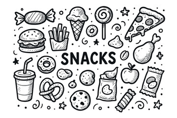 Doodle snack variety: burgers, pizza, sweets, ice cream, drinks