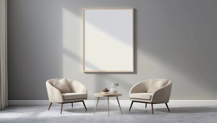 Simple interior with large mock-up vertical art frame, armchairs and coffee table, 3D Rendering, 3D Illustration 