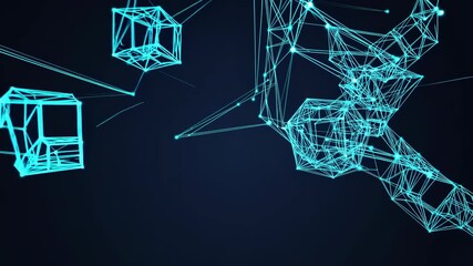 Futuristic 3D Wireframe Shapes Moving in Space with Abstract Blue Lines and Dark Background, Creating a High Tech HUD Interface