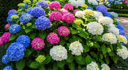 Vibrant Hydrangea Bush with Colorful Blooms in Full Summer Splendor.