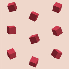 Red color isometric cubes vector seamless pattern. Color vector illustration. Decorative abstract style with isolated falling cubes.