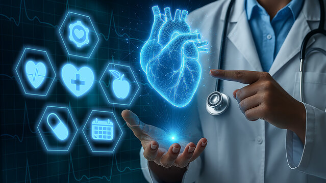 Heart health technology: a luminous 3D heart model displayed in a hospital room. A doctor's hand points to the model as medical icons rotate around it