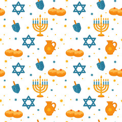 Hanukkah light holiday pattern design with menorah, checked donuts