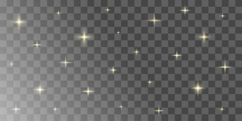 Realistic Isolated Gold Stars Light flare on Transparent Background. Christmas background. PNG picture. Vector illustration.