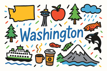 Washington state filled icon set. nature, landmarks, wildlife, coffee culture illustrations.