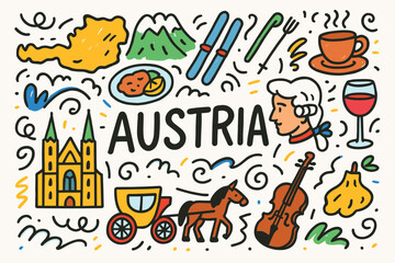 Fototapeta premium Austria travel icon set: flat style landmarks, culture, and food illustrations