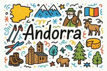 Naklejka premium Andorra doodle icon set with landmarks, nature and cultural elements in doodle style