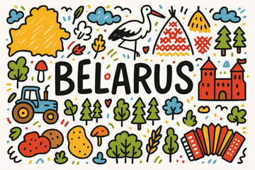 Obraz premium Belarus flat icon set. culture, nature delights, and traditional symbols collection