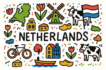 Netherlands flat icon set. dutch culture symbols, map, and landmarks collection.
