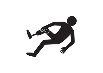 Person with prosthetic leg falling isolated on white background with copy space.