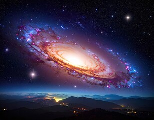 Spiral galaxy over night mountains