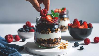 A hand places a fresh raspberry on top of a layered yogurt granola and berry parfait in a glass jar.