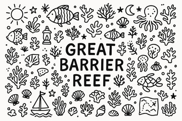 Marine life outline icon set. ocean, sea creatures, coral reef linear illustrations.