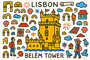 Naklejka premium Portugal travel icon set. lisbon, belém tower, landmarks in filled color style.