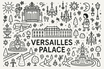 Naklejka premium Versailles palace outline icon set. gardens, fountains, travel symbols in linear style