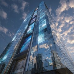 Tall Glass Skyscraper with Digital Displays Under Cloudy Blue Sky