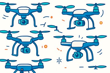 Fototapeta premium Multiple blue drones with cameras depicted in cartoon style flying on a white background with abstract elements illustrating technology concept. Ai generative